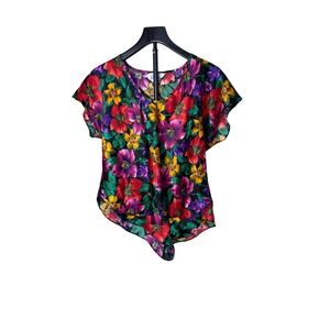California Miss Vintage Floral Pajama Set Shorts Top Multicolor Satin Large USA
